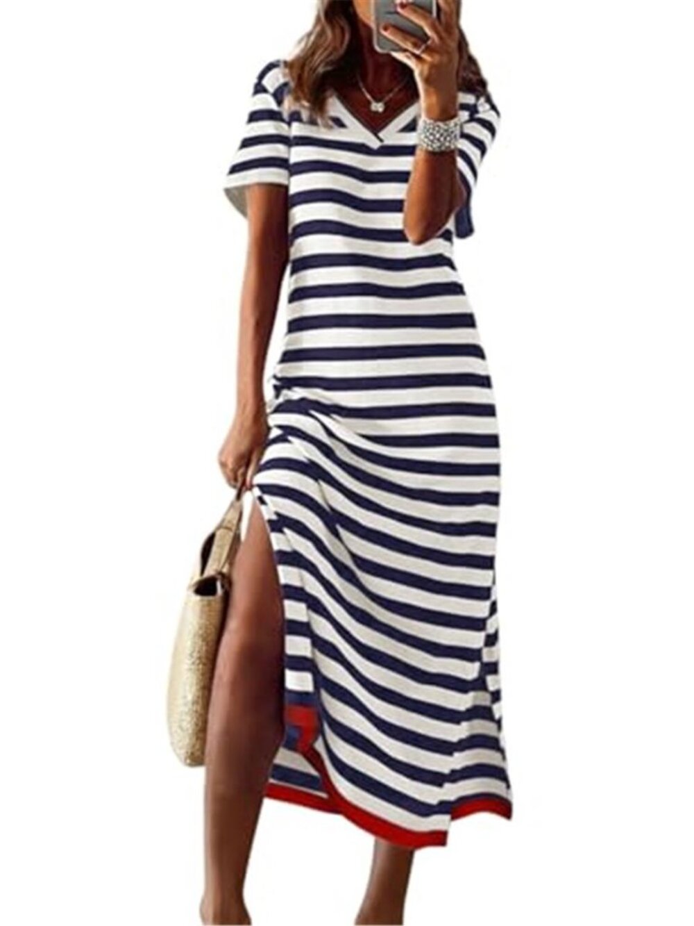 Womens Short Sleeve Maxi Dress V Neck Color Block Striped Side Split Summer
